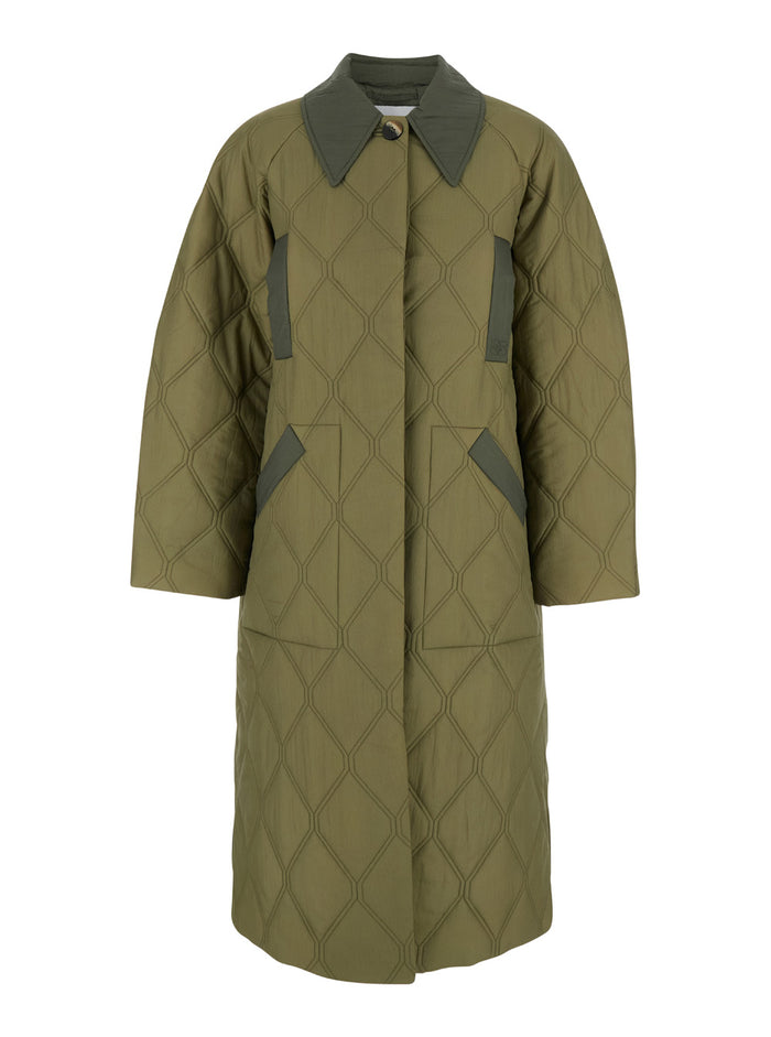 Midi Green Quilted Coat Recycled Fabric Woman Polyester