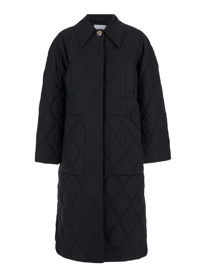 Midi Black Quilted Coat Recycled Fabric Woman