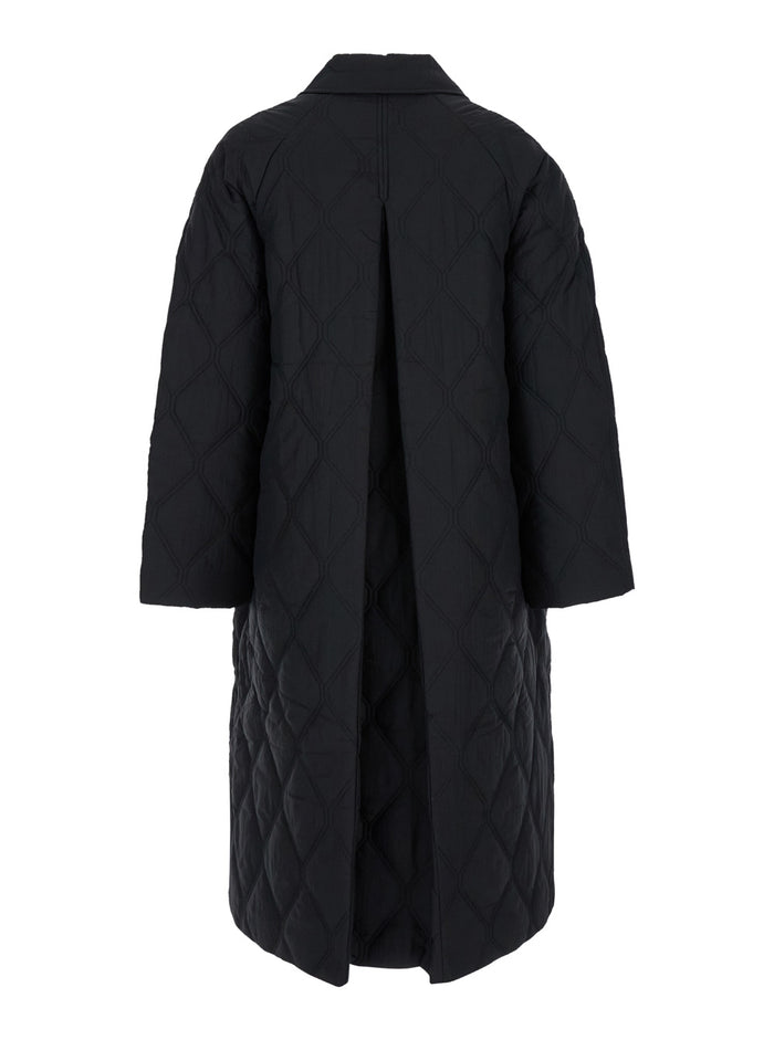 Midi Black Quilted Coat Recycled Fabric Woman