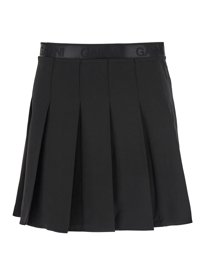 Grey Mini Skirt With Logo Lettering On The Waist And Pleated Details Tech Fabric Woman Black Recycled Polyester