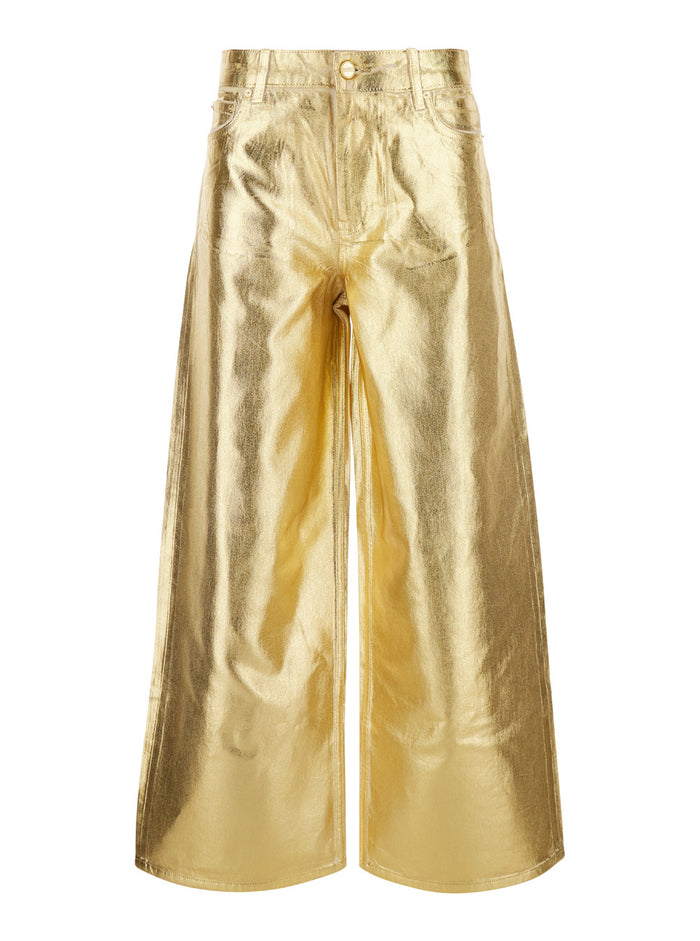 Gold Five Pockets Wide Jeans Laminated Fabric Woman Metallic Organic Cotton