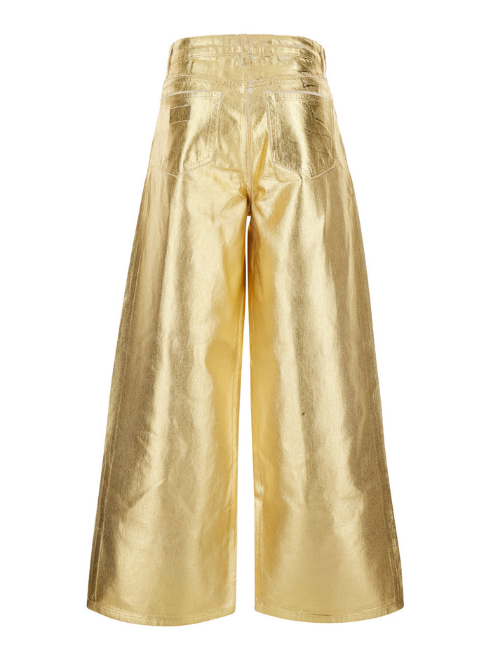 Gold Five Pockets Wide Jeans Laminated Fabric Woman Metallic Organic Cotton