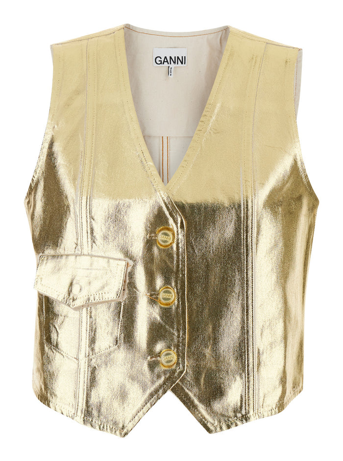 Gold Vest With Branded Buttons Laminated Denim Woman Metallic Blazers