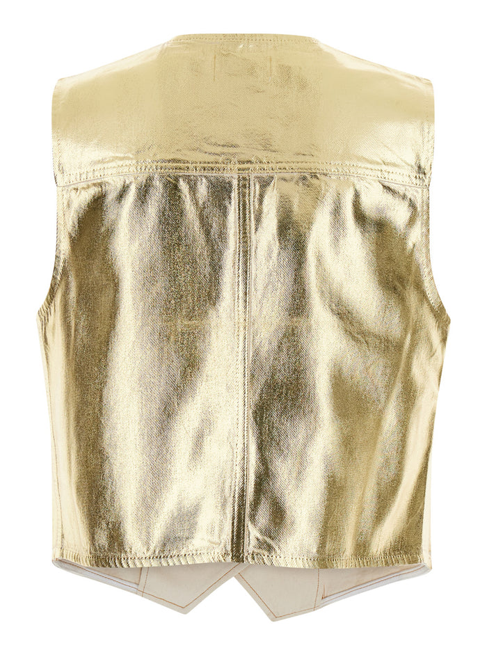 Gold Vest With Branded Buttons Laminated Denim Woman Metallic Blazers