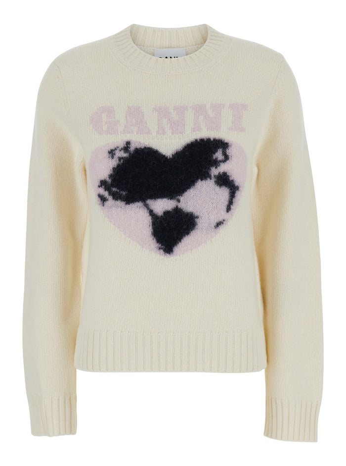 White Crewneck Sweater With Ganni Love Intarsia Wool Woman Jersey