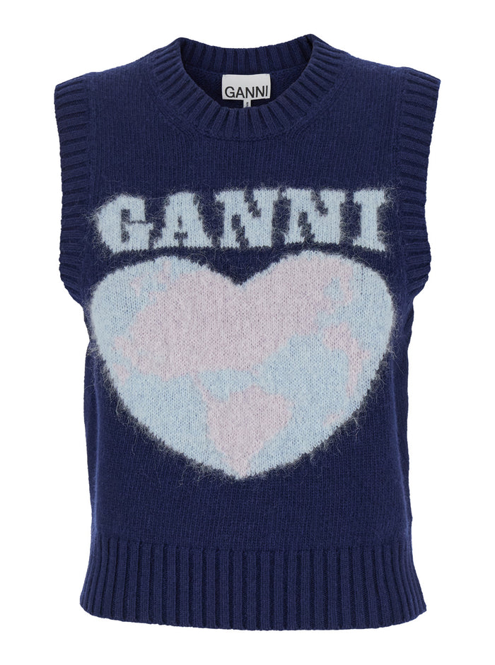 Blue Vest With Logo And Heart Jacquard Wool Woman Blu Jersey