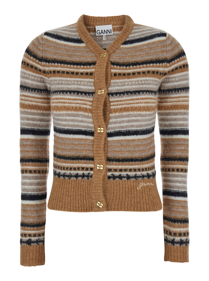 Multicolor Striped Cardigan With Logo Embroidery Wool Woman Jersey