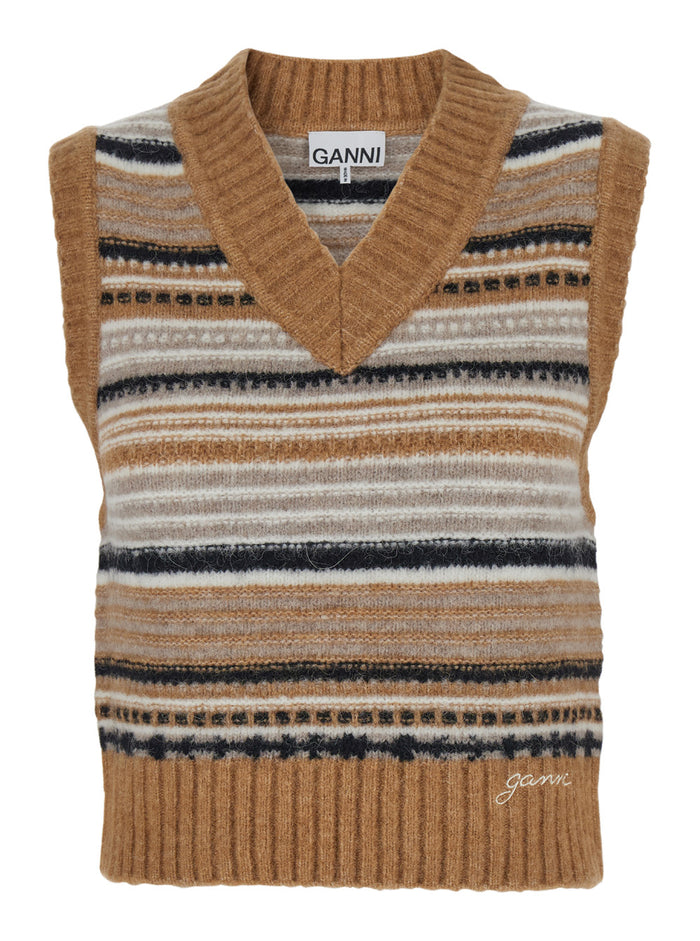 Multicolor Knit Vest With Stripe Motif Wool Woman Jersey
