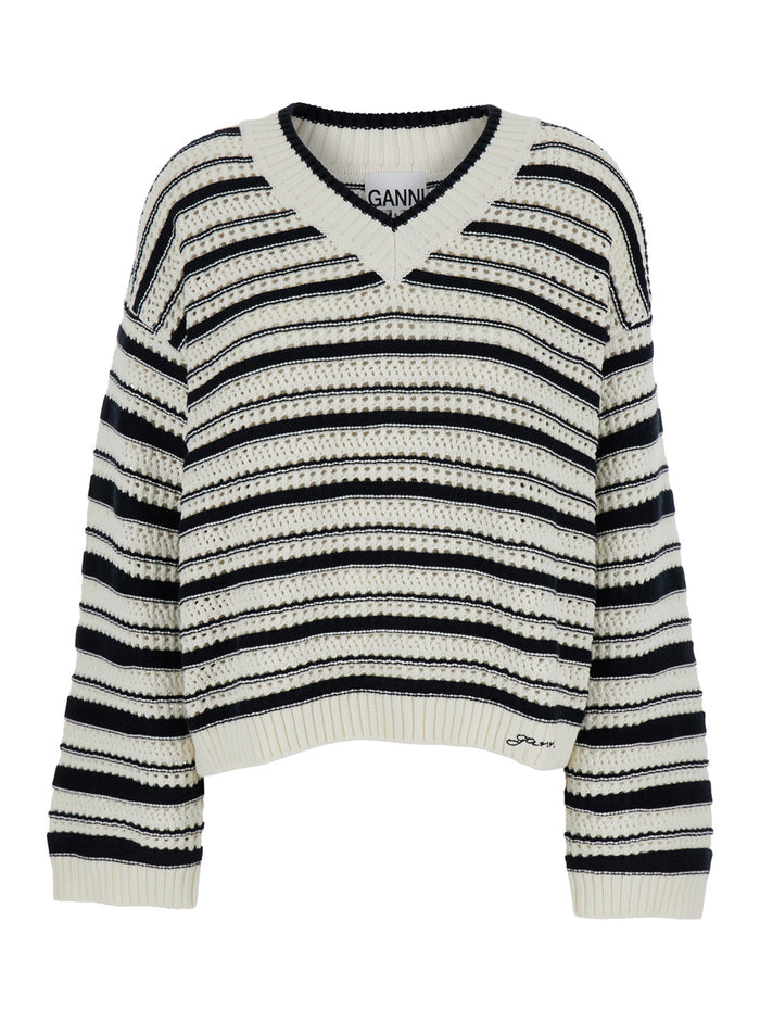 White And Black Stripe Sweater With V Neck Cotton Woman Jersey