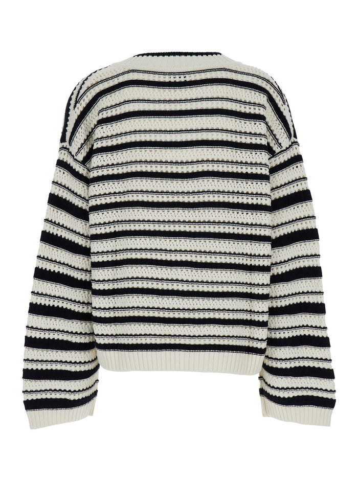 White And Black Stripe Sweater With V Neck Cotton Woman Jersey