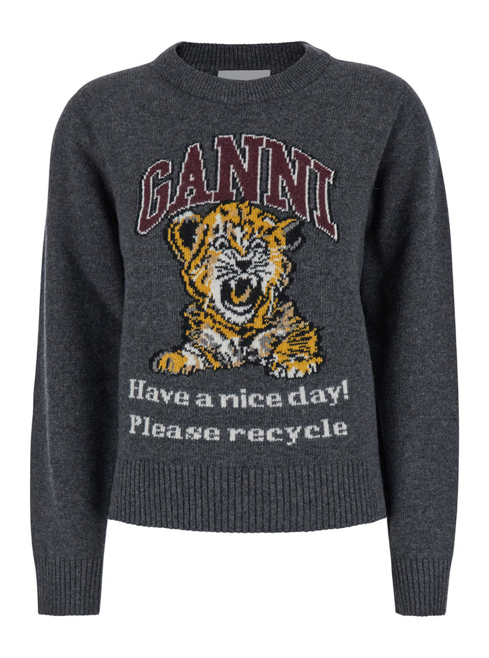 Tiger Grey Crewneck Sweater With Maxi Print On The Front Wool Blend Woman Jersey