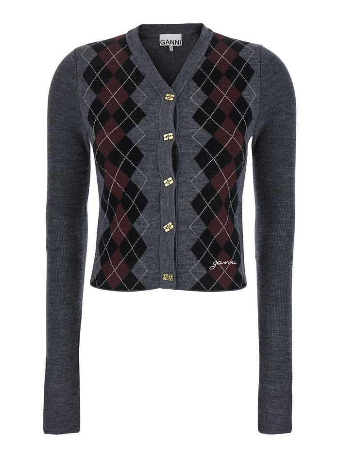 Fine Merino Jacquard Cardigan Grey Wool Jersey