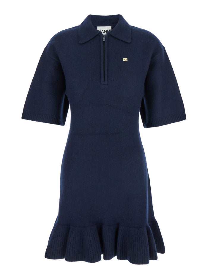 Blue Mini Dress With Classic Collar And Ruffled Hem Wool Woman Blu
