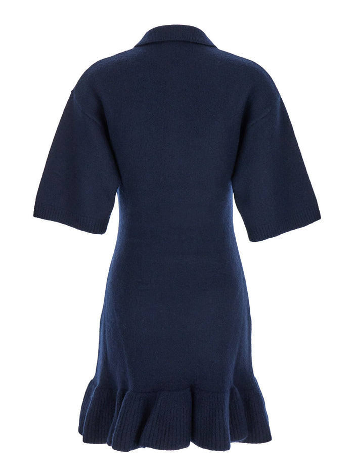Blue Mini Dress With Classic Collar And Ruffled Hem Wool Woman Blu