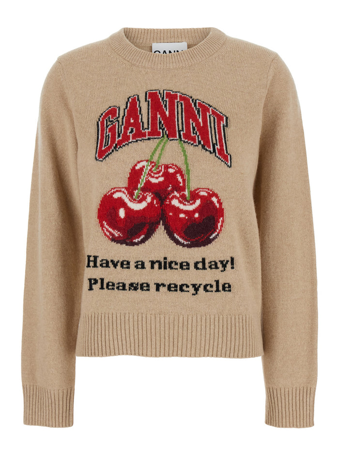 Beige Sweater With Cherry Motif Wool Blend Woman Jersey