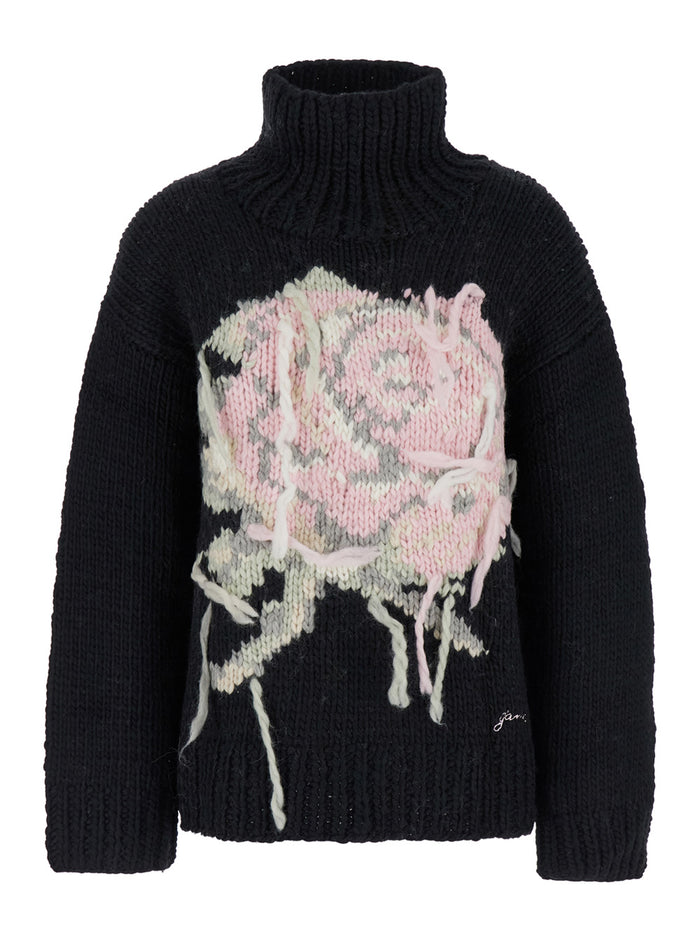 Graphic Wool Handknit Turtleneck Black Jersey