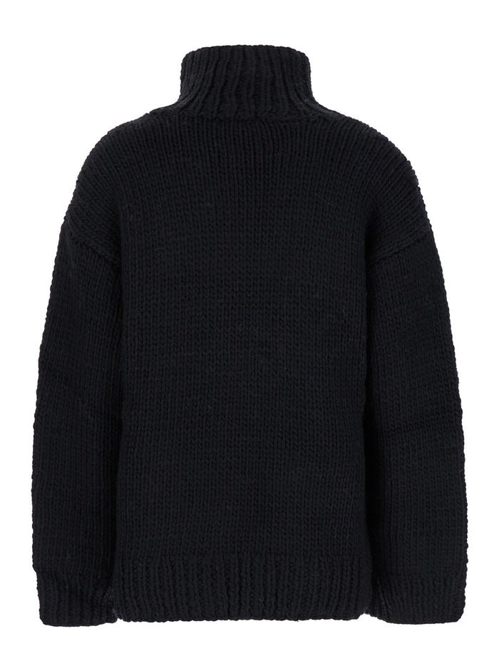 Graphic Wool Handknit Turtleneck Black Jersey