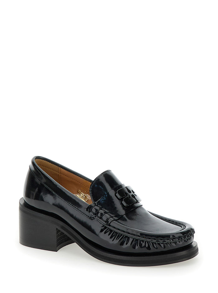 Butterfly Black Loafers With Tonal Logo Techno Fabric Woman Calf