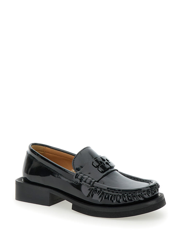 Butterfly Black Loafers With Tonal Logo Techno Fabric Woman Calf