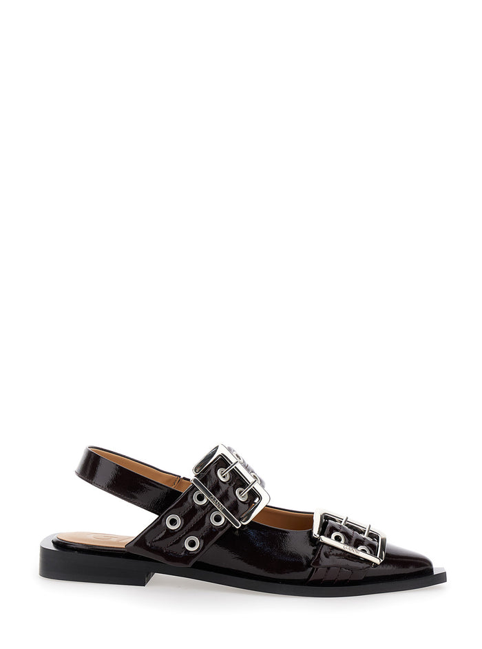 Black Slingback Ballet Flats With Oversized Buckle Patent Leather Woman Recycled Polyester Flat Shoes