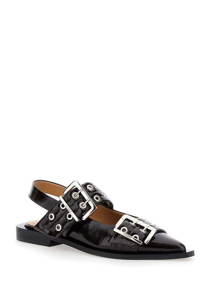 Black Slingback Ballet Flats With Oversized Buckle Patent Leather Woman Recycled Polyester Flat Shoes
