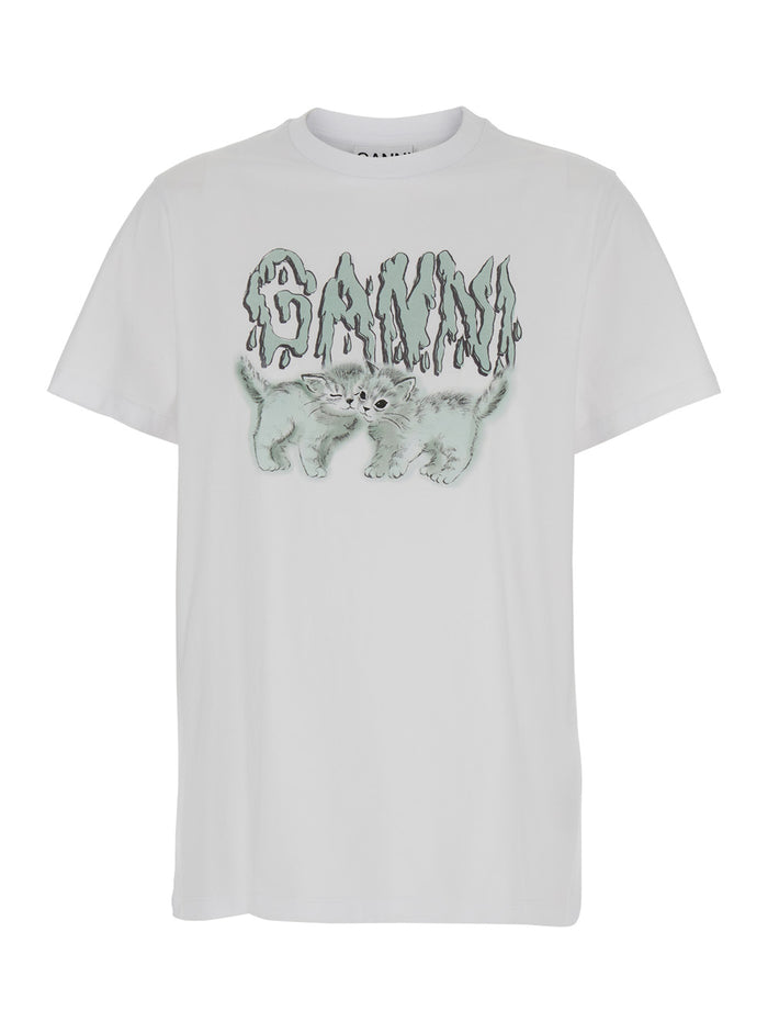 White T-Shirt With Love Cats Ganni Print Jersey Woman Tshirts And Polo Shirts