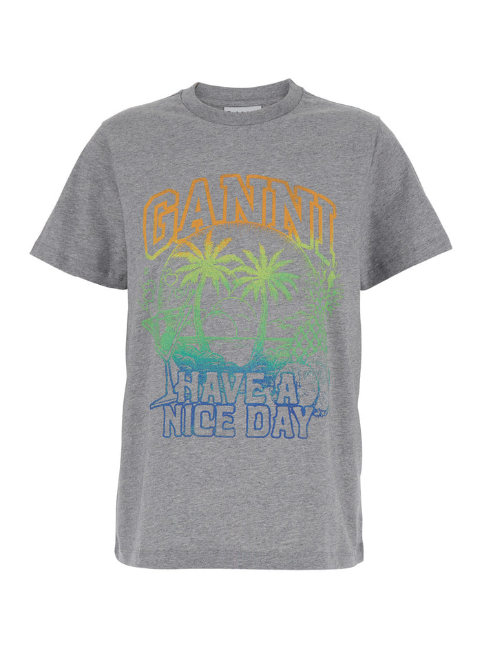 Grey T-Shirt With Ganni Cocktail Print Jersey Woman Tshirts And Polo Shirts