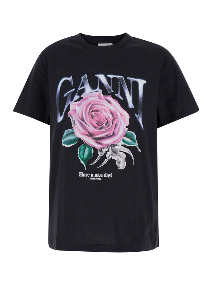 Black Crewneck T-Shirt With Rose And Logo Print Cotton Woman Organic Tshirts Polo Shirts