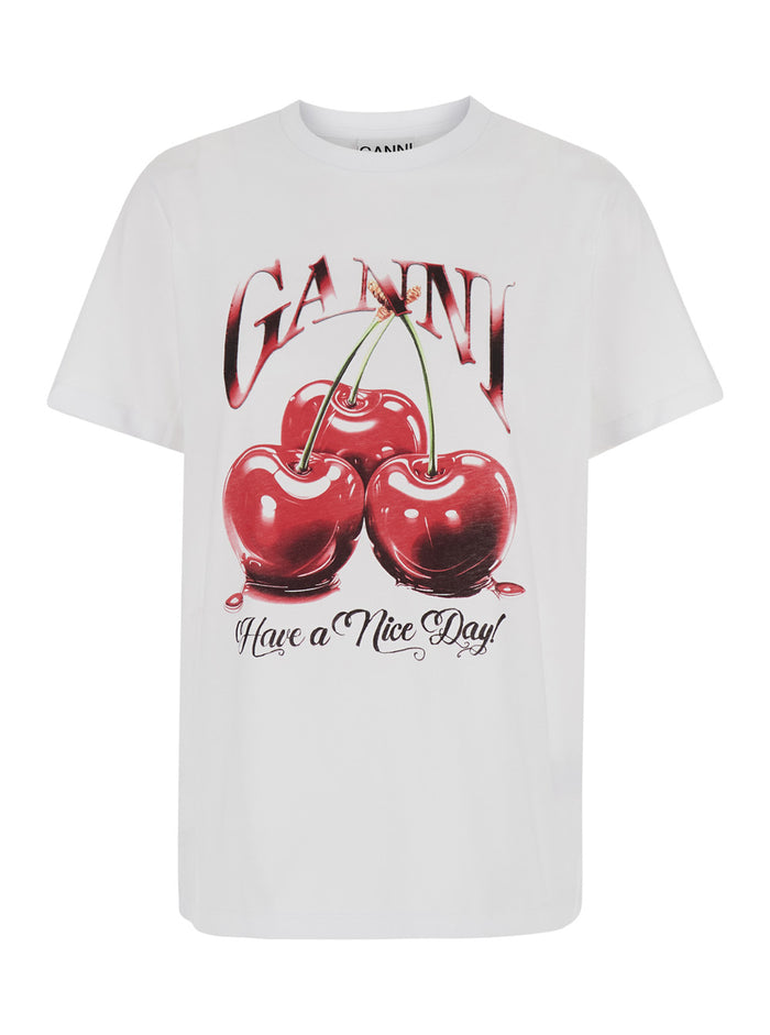 Black Crewneck T-Shirt With Cherry And Logo Print Cotton Woman White Organic Tshirts Polo Shirts