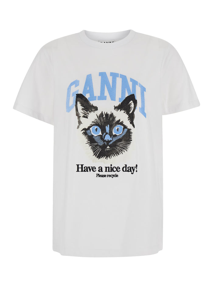 Black Crewneck T-Shirt With Cat And Logo Print Cotton Woman White Organic Tshirts Polo Shirts