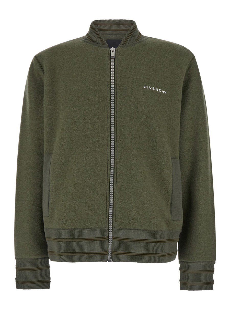 Green Wool Sweatshirt With Bomber Collar Coat
