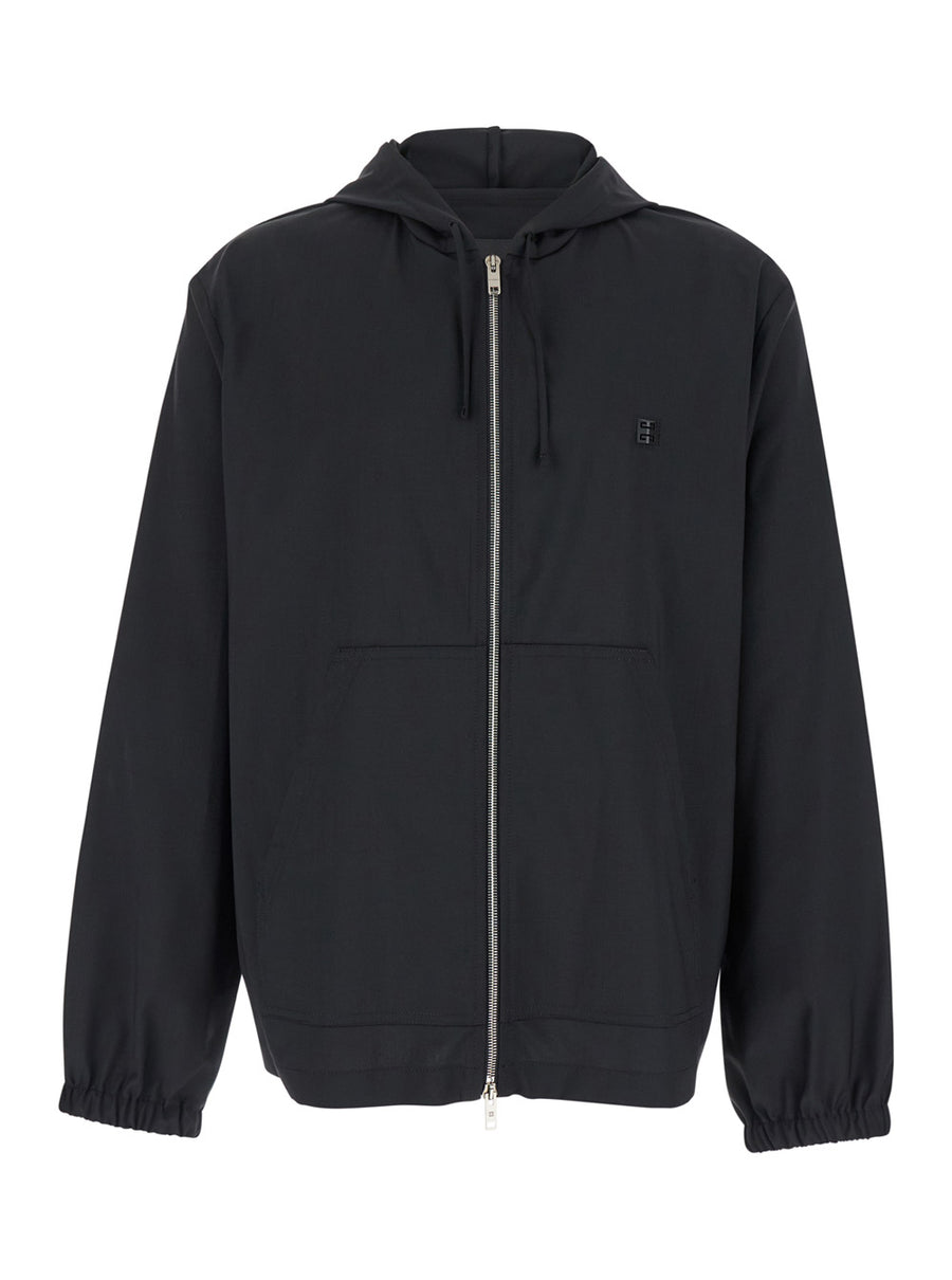 Black Zip-Up Hoodie With Logo Detail Virgin Wool Coat