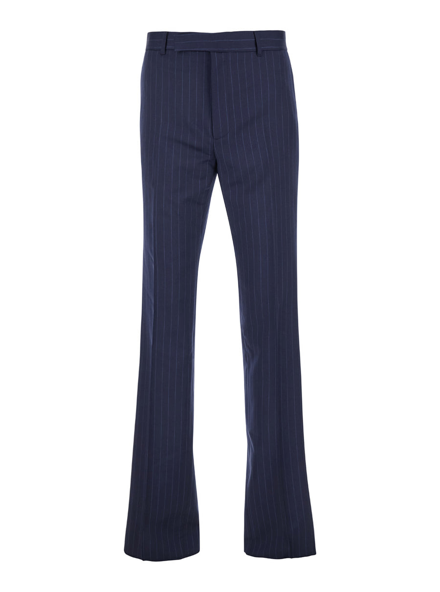 High Waist Blue Flared Pants Wool Virgin Trousers
