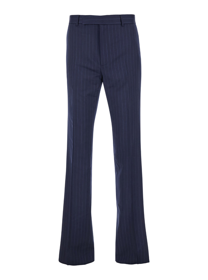 Blue Flared Pants with High Waist in Wool Man Blu Virgin Trousers