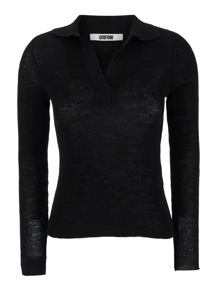 Black Long-Sleeve Polo Shirt Wool Woman Virgin Tshirts And