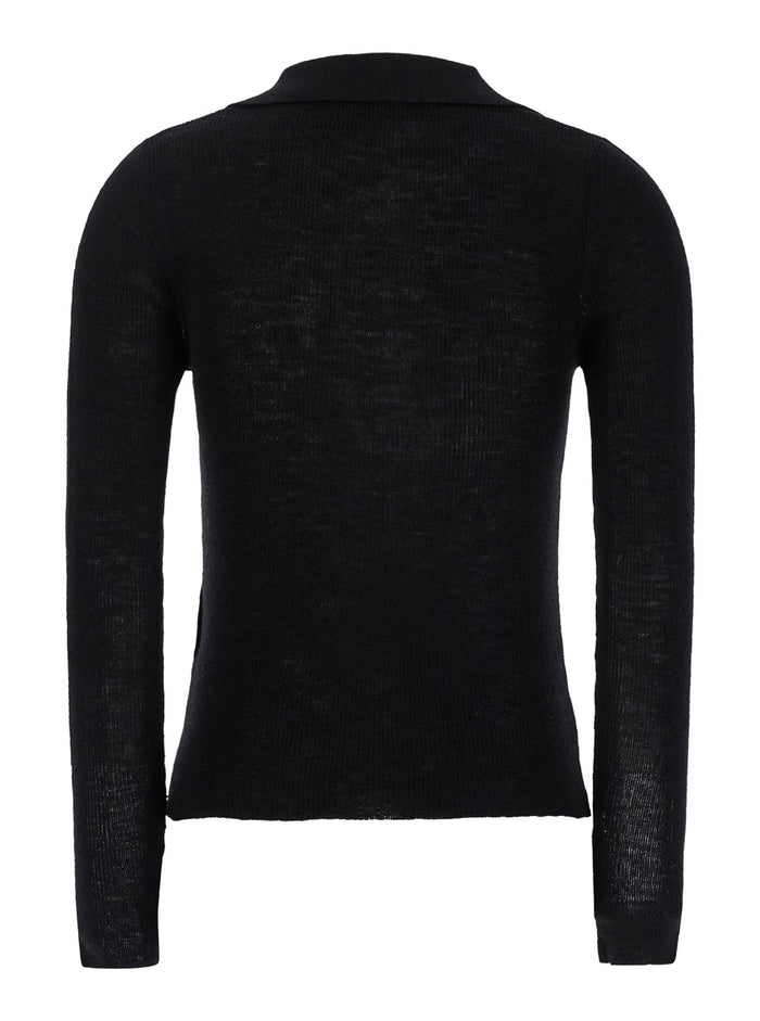 Black Long-Sleeve Polo Shirt Wool Woman Virgin Tshirts And