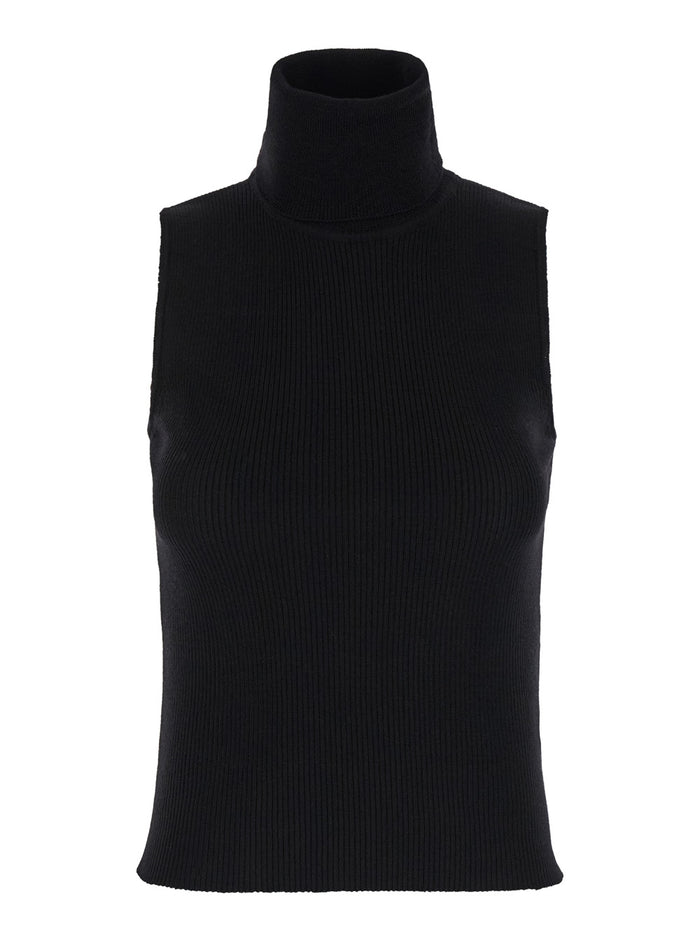 Black High Neck Top With Cut-Out Ribbed Wool Woman Virgin Jersey
