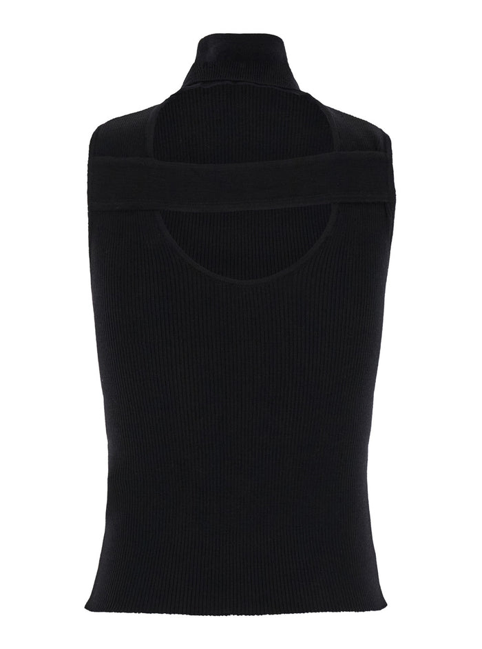 Black High Neck Top With Cut-Out Ribbed Wool Woman Virgin Jersey