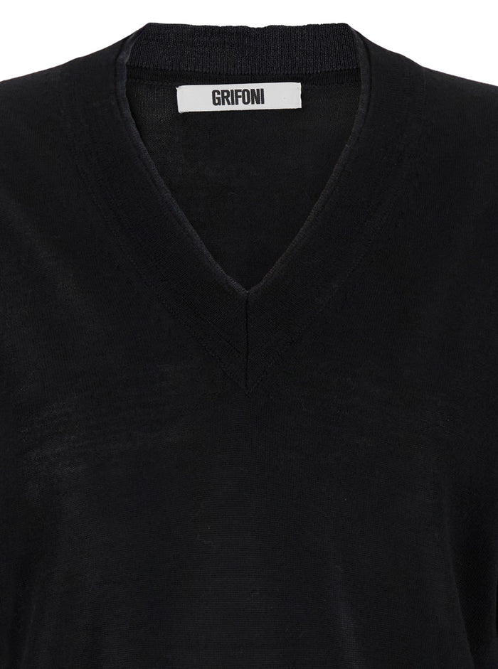 Black V Neck Sweater Wool Woman Virgin Jersey