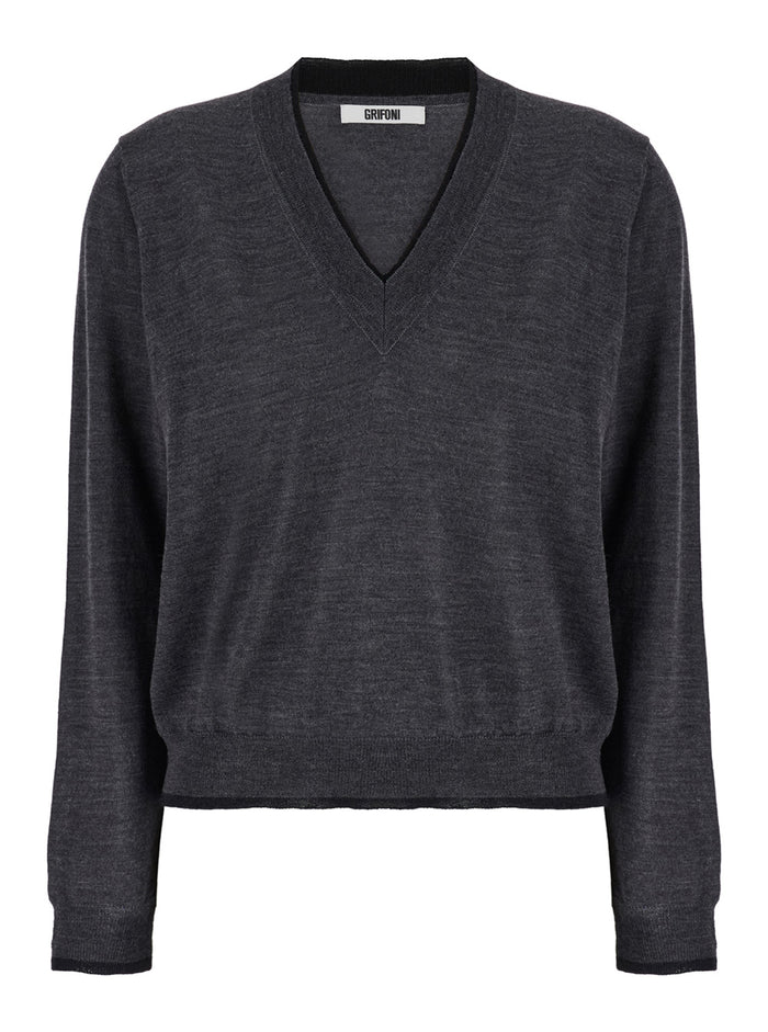 Grey V Neck Sweater Wool Woman Virgin Jersey