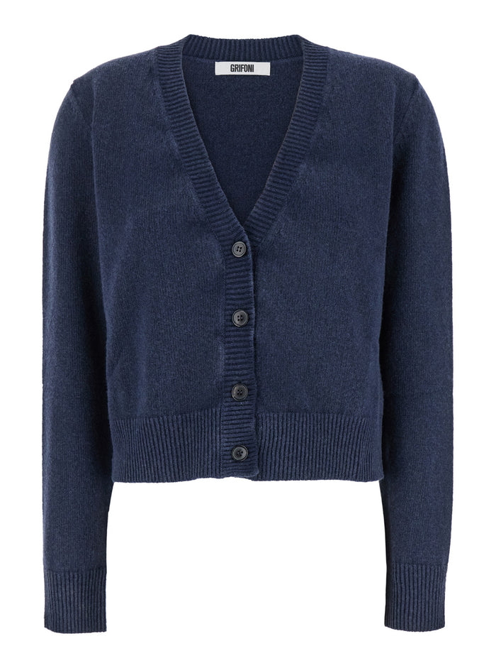 Blue Cardigan With V Neck And Buttons On The Front Wool Blend Woman Blu Polyamide Jersey