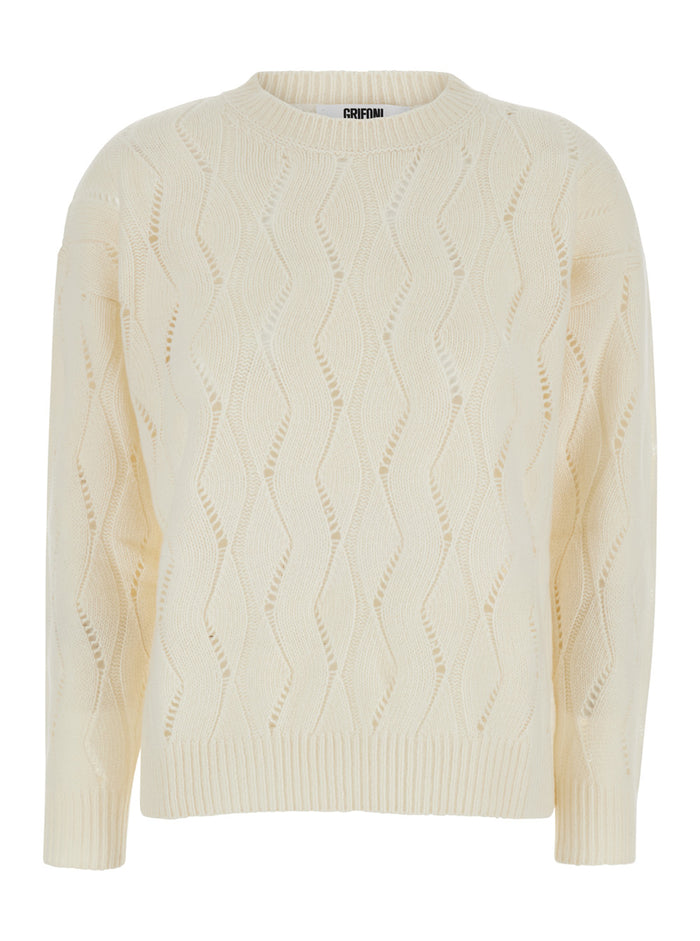 White Crewneck Sweater Perforated Knit Woman Wool Polyamide Jersey