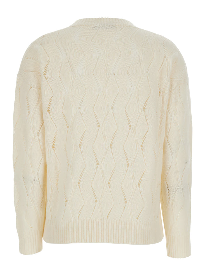 White Crewneck Sweater Perforated Knit Woman Wool Polyamide Jersey