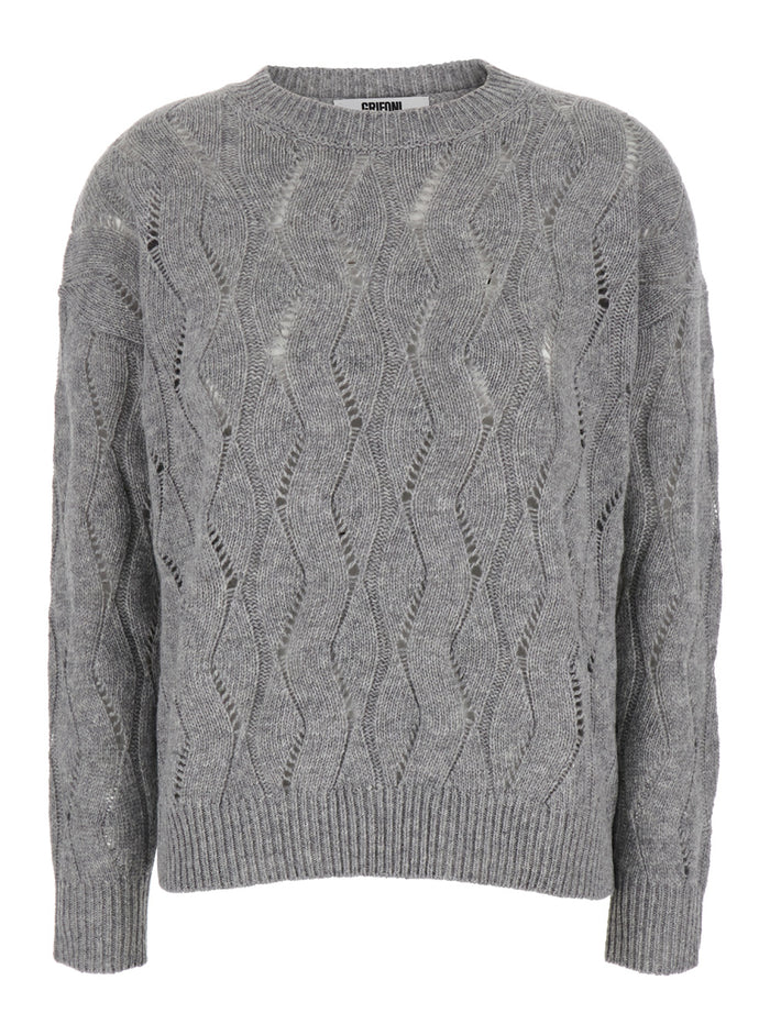 Grey Crewneck Sweater Perforated Knit Woman Jersey