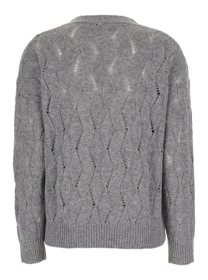Grey Crewneck Sweater Perforated Knit Woman Jersey