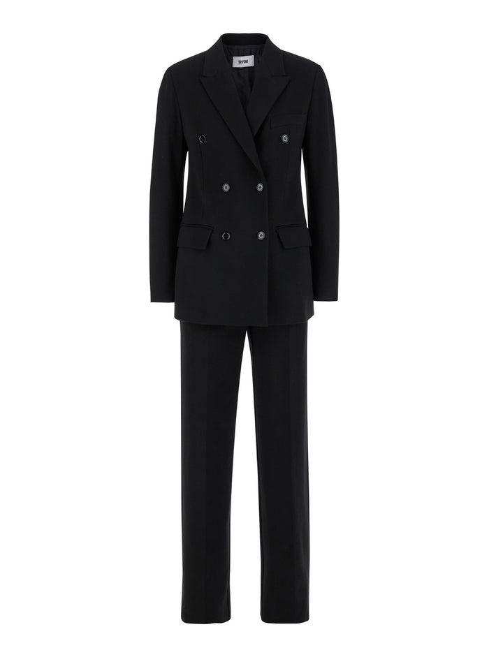 Black Double-Breasted Suit With Notched Revers Stretch Fabric Woman Viscose Polyamide Elastan Suits