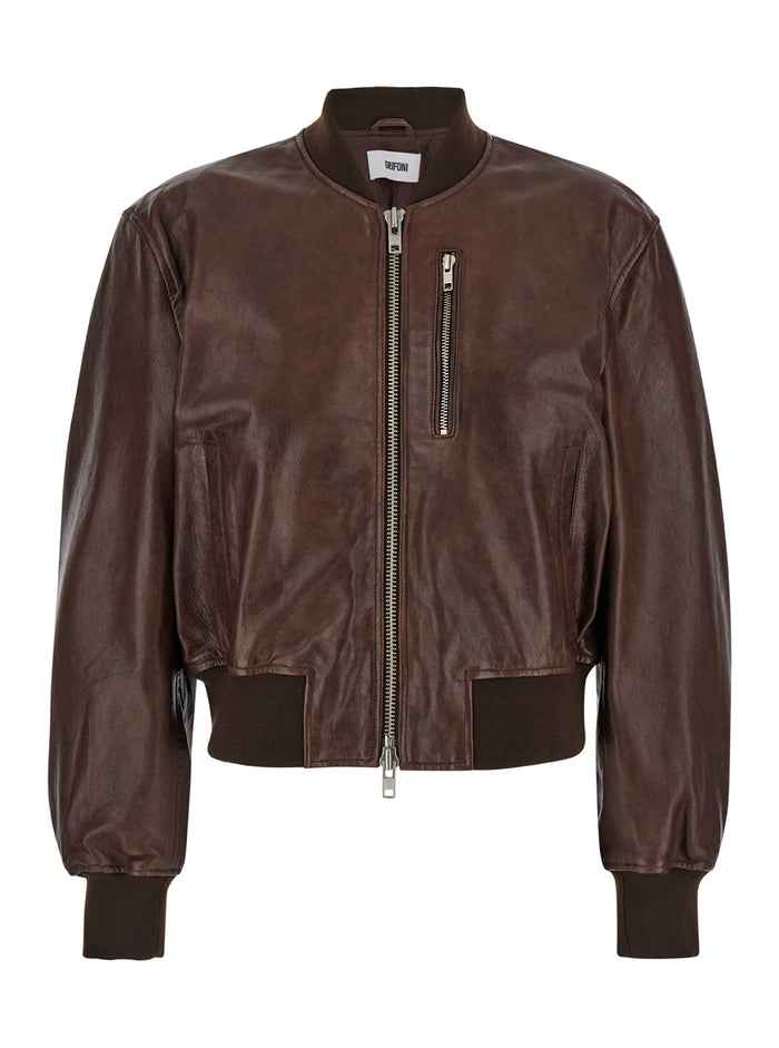 Brown Bomber Jacket With Zip Closure Leather Woman