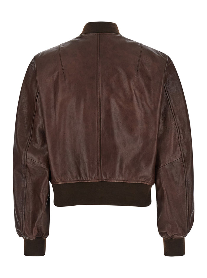 Brown Bomber Jacket With Zip Closure Leather Woman