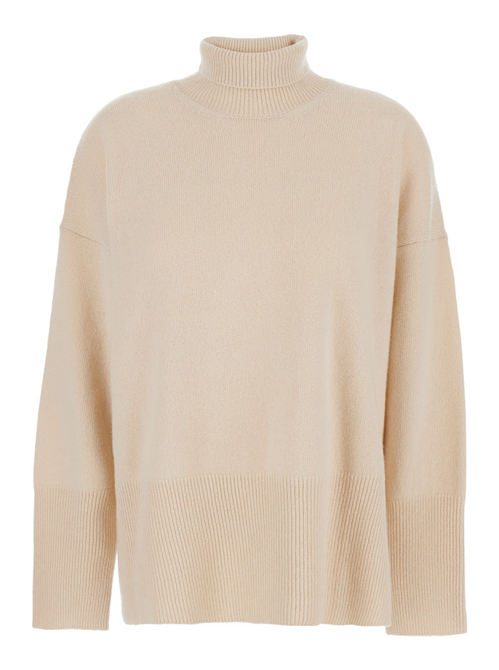 White Sweater With High Neck And Dropped Shoulders Wool Woman Virgin Jersey