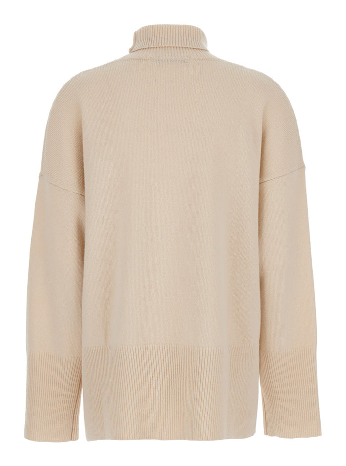 White Sweater With High Neck And Dropped Shoulders Wool Woman Virgin Jersey